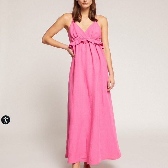 Motivi Maxi LINEN BLEND DRESS Babydoll Empire Waist Bow Pink Coquette Sz 6 - Picture 1 of 15